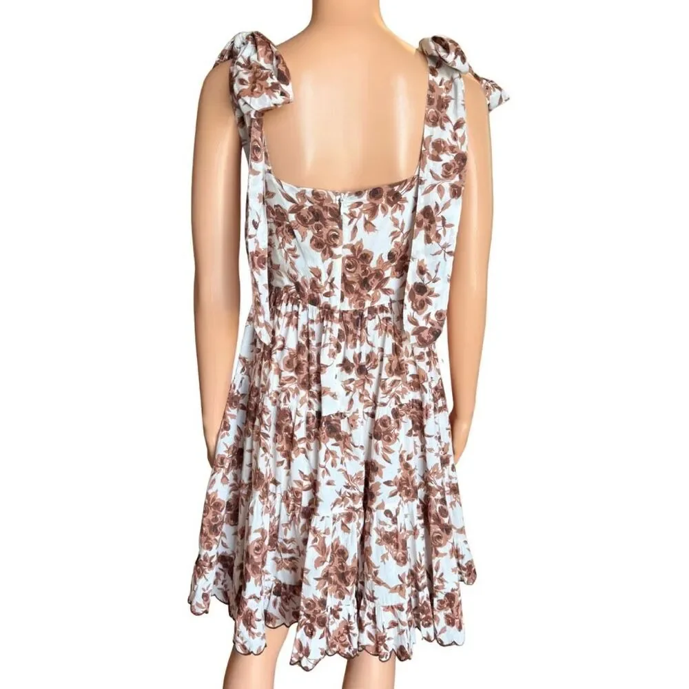 Mille Kiara Dress Small Brown Floral Tie Shoulder Tiered Ruffle Square Neck Boho - Picture 7 of 9